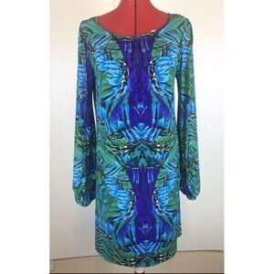 Laundry by Shelli Segal Boho Chic Preppy Sift Dress Ballon Sleeves Green Blue 6